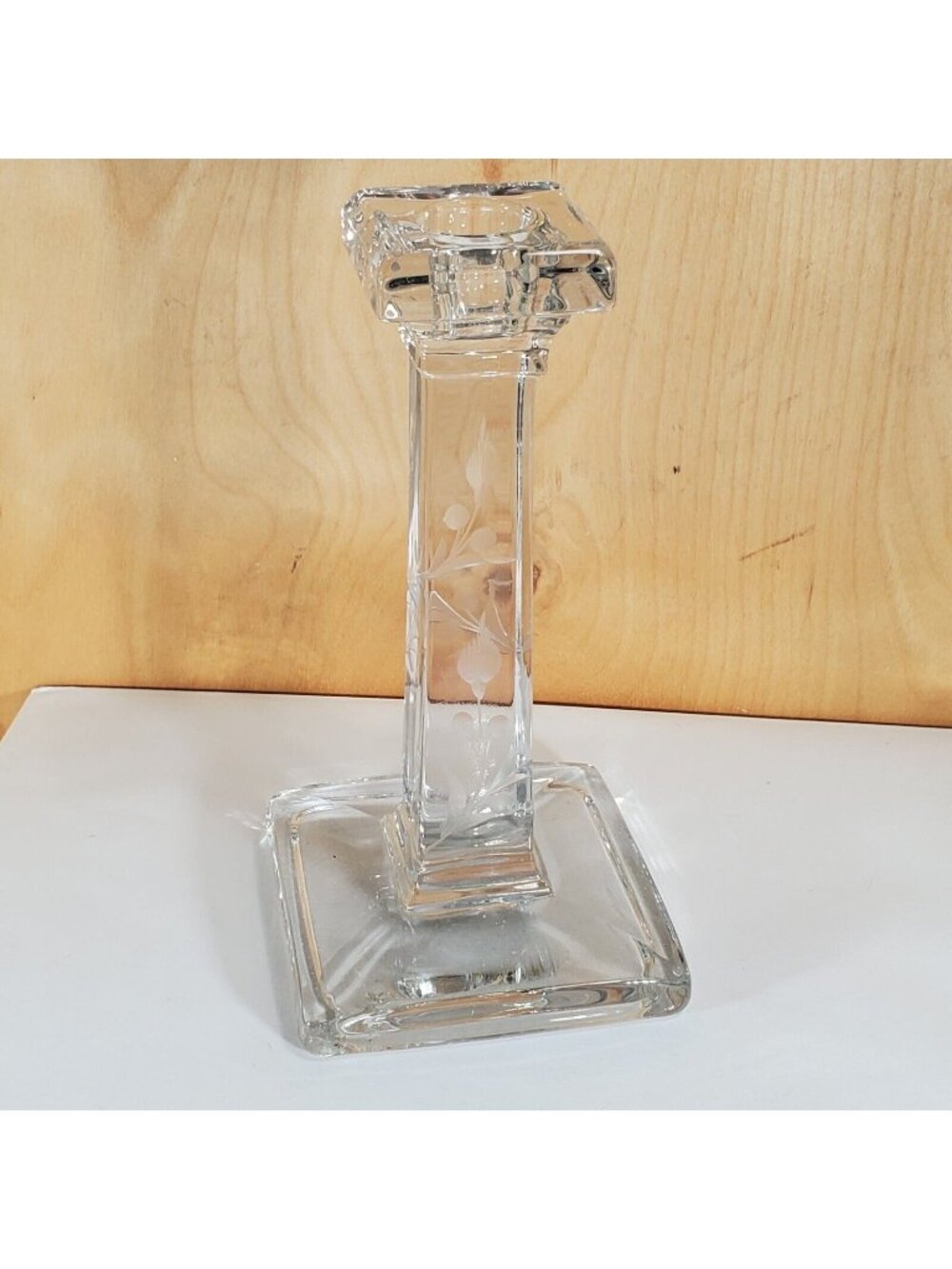 Cambridge Depression Glass Candlestick Holder 6" Etched Floral Square Column